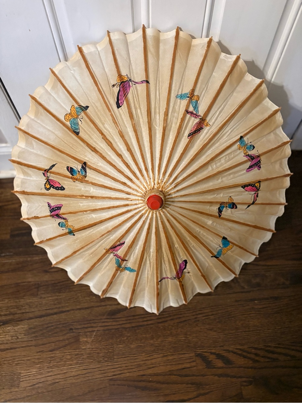 Hand-Painted Beige Paper Parasol with Butterfly Accents
